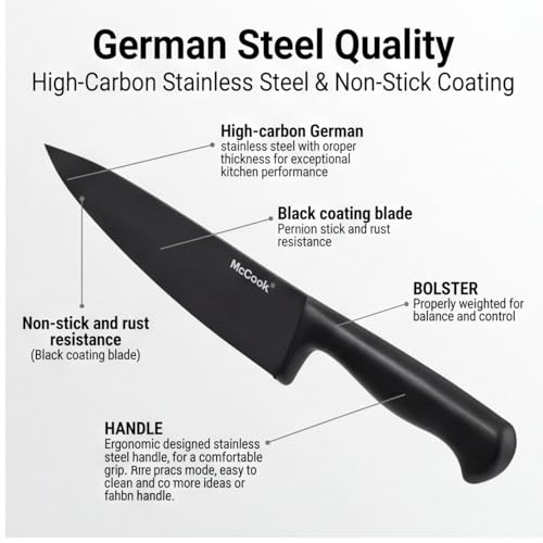 Image of McCook Knife Sets,German Stainless Steel Knife Block Sets with Built-in Sharpener, 15-Piece Razor-Sharp Kitchen Knives with Ergonomic Handles, Elegant Box for Gift, Black
