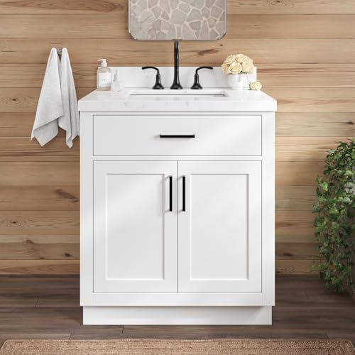 ARIEL Hepburn 30 Inch Bathroom Vanity with Sink, White Bathroom Vanity, Solid Wood Vanity Base Cabinet, Carrara White Quartz Top 1.5-Inch Edge, Rectangular Sink, 2 Soft Closing Doors, 1 Drawer
