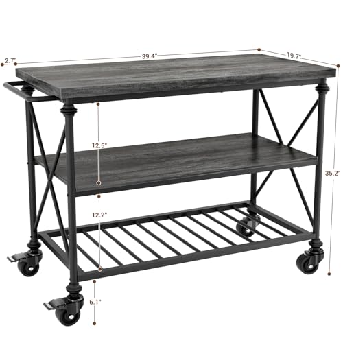 Homieasy Kitchen Island Cart with Wheels, 3-Tier Wood and Metal Rolling Kitchen Island Table with Pipe Legs, Storage Shelves & Lockable Casters for Kitchen Dining Room, Black Oak