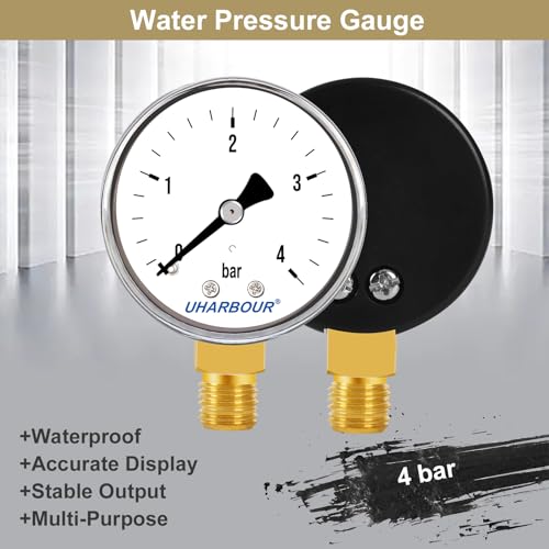 UHARBOUR Wasser Manometer 0-4 Bar, 1/4 Zoll, Druckluft Manometer mit Unterer Halterung, 1/4 BSP-Messinganschluss