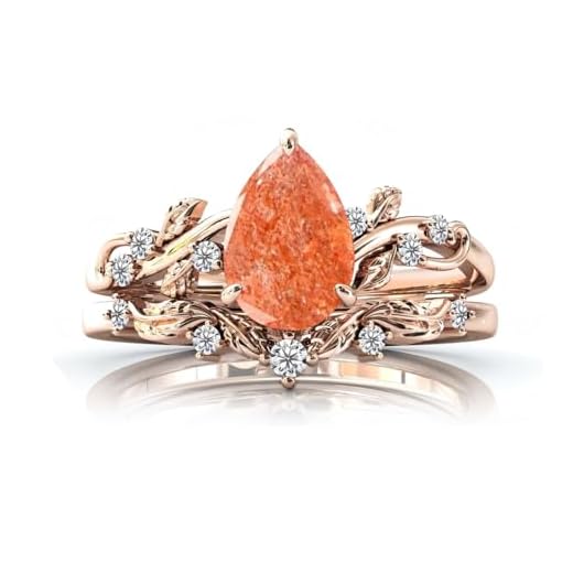 Sunstone Engagement Rings Set for Women Pear Shaped Orange Sunstone Ring Set Leaf Art Deco Ring Set 10K 14K 18K Gold Vintage Vine Sunstone Wedding Ring Sets Anniversary Promise Ring