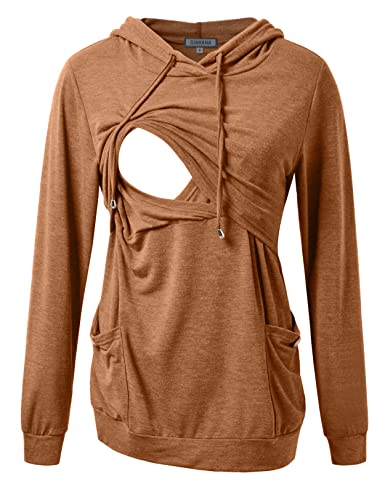 Image of GINKANA Womens Nursing Hoodie Top Sweatshirt Long Sleeve Button Decoration Pockets Shirts Tunic Top