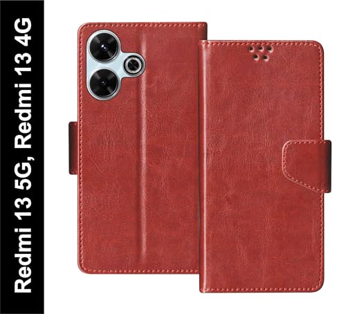Image of SBMS Flip Cover for Redmi 13 5G / Redmi 13 4G Back Cover Case with Magnatic Closure | Inbuilt Stand | Card & Money Pocket (Brown)