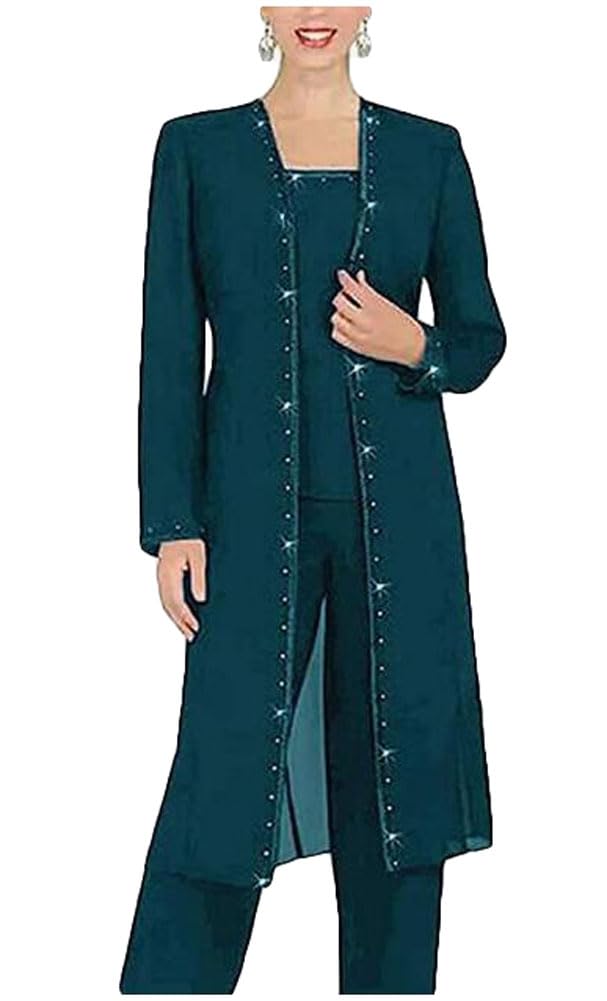 Botong Women's Teal Chiffon Mother Of The Bride Pants Suit 3 Pc Beaded Wedding Outfits Long Jacket Prom Evening Outfits Uk14
