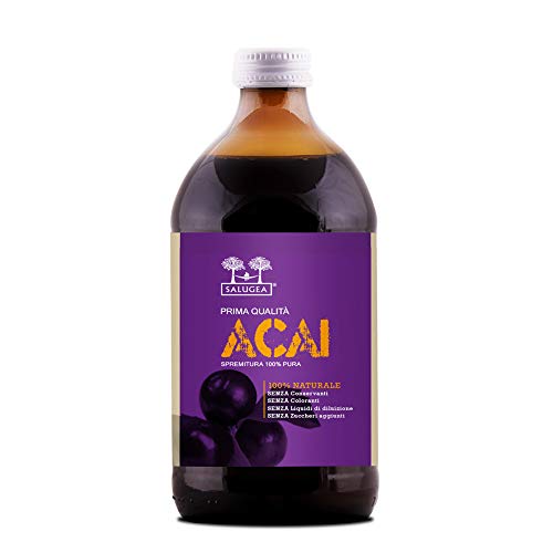 Succo di Acai Salugea, 100% Puro, non diluito. Integratore naturale utile per il Cuore e la Circolazione. In bottiglia di vetro scuro di grado farmaceutico. 500ml