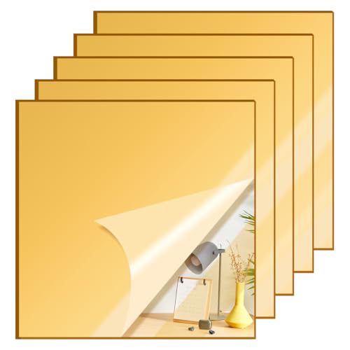 Image of 5 Pcs 8 x8 Inch Gold Acrylic Mirror Sheet, 1 /8 Inch Thick Opaque Glossy Mirror, Plexiglass Mirror Sheets with Protective Film, Rigid Mirror Acrylic Sheets for Sawing, DIY, Laser Cutting and Engraving