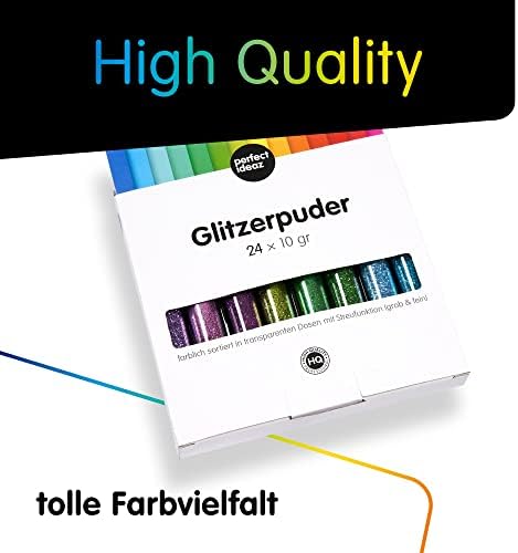 perfect ideaz 24 x 10 g (240 g), kolorowy brokatowy puder w 24 kolorach, kurz do majsterkowania w puszce z pokrywką, piasek dekoracyjny idealny do majsterkowania dla dzieci, zestaw do dekoracji