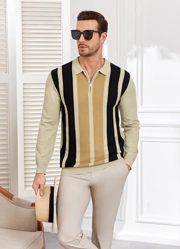EDITCOZY Mens Knit Polo Shirts Vintage Striped Long Sleeve Quarter Zip Polo Sweater Pullover Shirts Golf Shirts3
