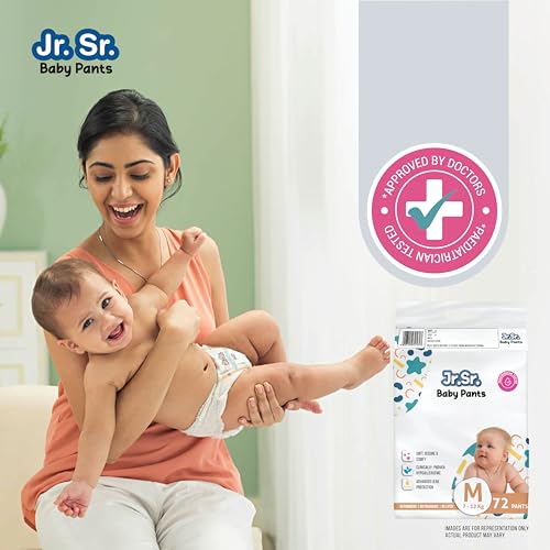 Jr. Sr. Baby Diaper Pants | Medium (M) Size (7-12 kg), 72 Count | Pack of 1 | Upto 12 hr Absorption with Advanced Leak Protection | Safe For Babies Skin | Soft, Secure & Comfy