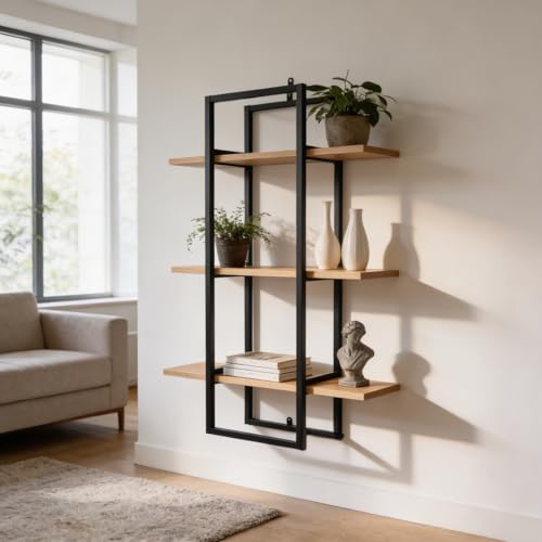 Image of Mighty Home Floating Wall Shelf with Black Metal Frame - Wooden Wall-Mounted Shelves for Books, Plants & Decor | DIY Organizer for Home & Office (Beige, 3-Tier)