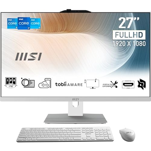 MSI Modern AM272P 12M-662FR PC Tout-en-Un - 27' IPS, Intel Core i7-1255U, 16 Go DDR4, SSD 512 Go NVMe, WiFi 6E, Webcam et Haut-parleurs intégrés, Clavier et Souris sans Fil, Windows 11 Pro - Blanc