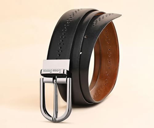 Image of LOUIS STITCH Men's Spanish Leather Reversible Belt 1.25 inch (35mm) Handcrafted Formal Waist Strap Officewear Men Gents Boys (Black /Tan) (LSBE-VB-CPBG)