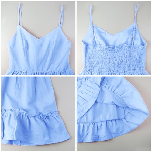 Image of FANCYINN Women Floral Casual Tiered Mini Dresses Spaghetti Strap V Neck Backless A Line Swing Short Dress with Pockets