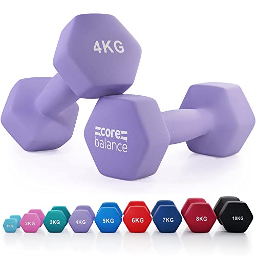 Core Balance Dumbbell Pair Hex Weight Neoprene Coated Cast Iron Strength Training (2 x 1kg, 2kg, 3kg, 4kg, 5kg, 6kg, 7kg, 8kg, or 10kg)
