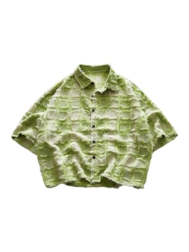 Men's Plaid Button Down Shirts Y2k Gingham Short Sleeve Collared Crop Top