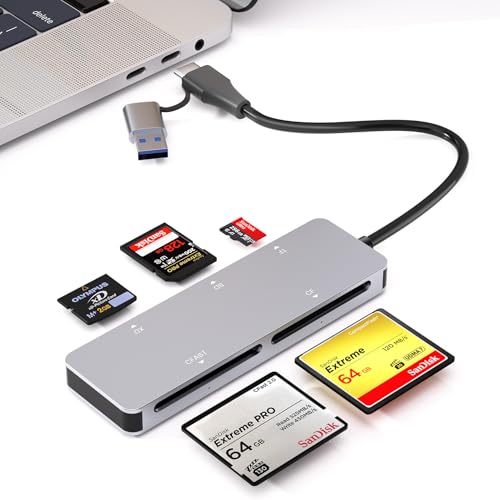 CFast 2.0 Card Reader 5-in-1 USB A & USB C CFast Card Reader/SD/Micro SD/XD/CF Card Reader 5Gbps Multi Memory Card Adapter Simultaneous Read CFast/CF/SD/TF/XD Cards for Camera/Computer/Phone/PC