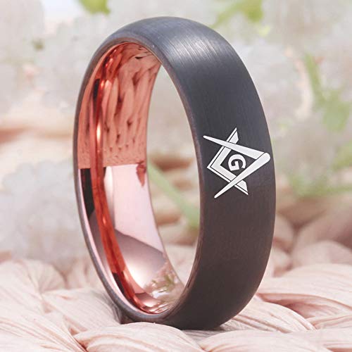 CLOUD DANCER 4mm/6mm/8mm Width Masonic Freemason Ring/Masonic Compass Square Ring - Classic Gunmetal Grey and Rose Gold Tone Men's Tungsten Carbide Ring -Free Customized Engraving3