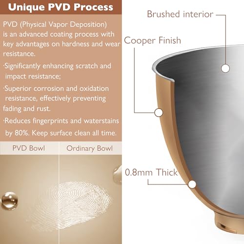 Image of 5 Quart Stainless Steel Mixer Bowl for Kitchenaid Classic&Artisan Tilt Head Mixer, Fit for KSM75, KSM90, KSM150, Radiant Copper, 1.75Lb, 0.8MM Thick, Heavy Duty, Dishwasher Safe, Ergonomics Handle
