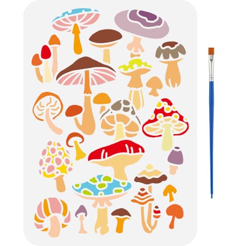FINGERINSPIRE Mushrooms Painting Stencil with Brush 21x29.7cm Wild Mushrooms Template Reusable Plant Mushrooms Stencil for Painting Plant Theme Template for Wall Floor Furniture Decoration