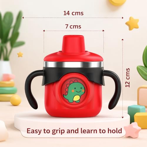 Image of THE LITTLE LOOKERS Stainless Steel Sipper Bottle 260ml | 316 Grade SS | BPA Free | Suitable for Hot & Cold | Travelling Bottle for Kids & Toddler | Training Sippy Cup with Straw /Spout (Red)