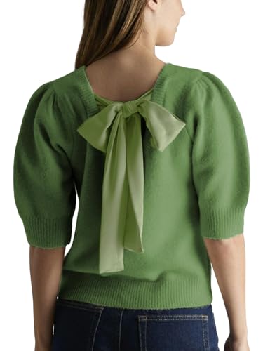 Image of Seyumixi Women Cute Bow Sweater Puff Short Sleeve Crewneck Knitted Shirt Bowknot Tie Back Knit Pullover Tops