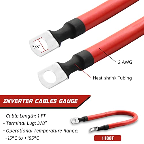 2 Awg 2 Gauge Red + Black Pure Copper Battery Cables Power Inverter Wire Set For Solar, Rv, Car, Boat, Automotive 12In 3/8 In Lugs (2Pcs) #TOP3
