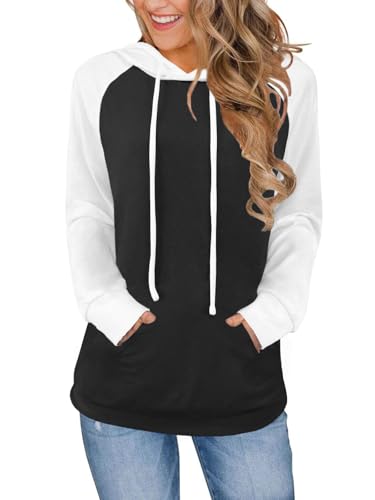 Bosmeer Workout Tops for Women Lightweight Essentials Hoodie with Pockets Loose Fit Raglan SWeatshirt Tunic Pullover Large Black-white