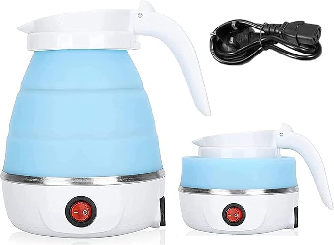 Foldable Electric Kettle Mini Travel Kettle Portable Collapsible Kettle for Camping with Separable Power Cord Fast Boiling 600ML (Blue)