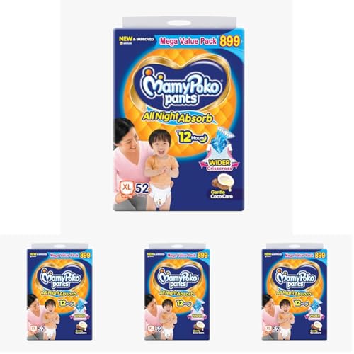 Image of Mamypoko pants All Night AbsorbPant Style Baby Diapers Size(XL), 52 Count, Ideal for 12-17Kgs|+50% wider and repeated absorption for all night 12hr protection from leakage, prevents heaviness.