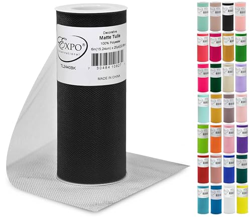 Expo International Decorative Matte Tulle, Lightweight Polyester Tulle Fabric for Tutus, Costumes, and Party Decorations, Washable, Easy-to-Use, 6 Inch x 25 Yards, Black, Pack of 1