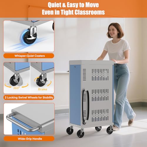 Image of Fully Assembled 18 Bay Laptop Charging Cart on Wheels, Heavy Duty Laptop Storage Cart for iPad Chromebook Tablet Up to 14-inch Screen with Key Lock, Charger & Cable Organization, Grey