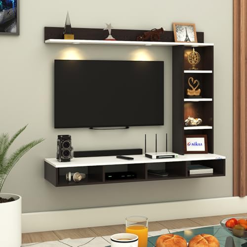 Image of Anikaa Briza Engineered Wood Wall Mounted TV Unit with 4 LED Lights, 9 Open Display Boxes & Shelf Design for Living Room | Ideal for Upto 43 Inch TV- Wenge /White(DIY Installation)
