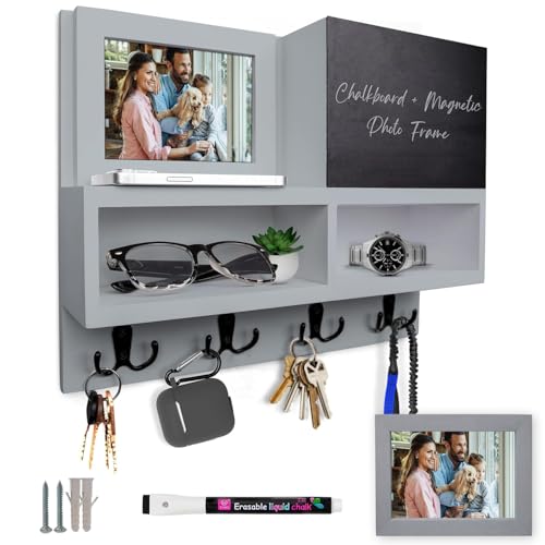 Spacelog Key and Mail Holder for Wall with Chalkboard – Magnetic Picture Frame Key Holder Wall Mount, Cool Grey with Subtle Blue Undertone, Dual Storage & Cupboards