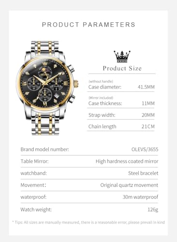 Image of OLEVS Chronograph Watches for Men Original Analog Quartz Black Stainless Steel Chain Luxury Dual Time Zone Moon Phase Date Waterproof Men's Wrist Watch