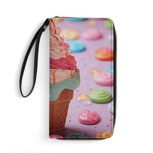 Many Colored Ice Cream Leather Wallet Smooth Zip Around Clutch Wristlet Travel Long Soft Purse for Women