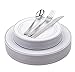 25 Heavyweight Elegant Plastic Disposable Place Settings: 25 Dinner Plates, 25 Salad or Dessert Plates & 25 Polished Silver Plastic Forks Knives & Spoons
