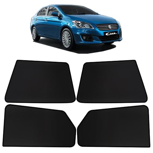 Image of OTO2EYE Car Sun Shade Compatible for Maruti Suzuki Ciaz Model 2018 to Till Now, Z-Black Fix Type Side Window Curtains, Only Half Cut in Front Window, 4 Pieces Set