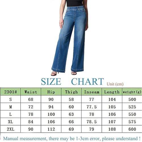 Jeans Pull-On Perna Larga - Calça Jeans Cintura Alta Elástica Com Costura Frontal,Calças casuais par
