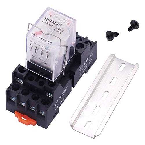 TWTADE AC 220 V - Relé de potencia electromagnética de 14 pines DPDT (4NO 4NC) - Relé indicador LED con bobina con enchufe YJTF08A-E/riel ranurado de aluminio/tornillo/gancho de base YJ4N-GS-AC 220 V