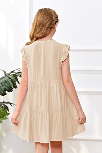 Mafulus Girls Ruffle Sleeve Dress Kids V Neck Button Down Tiered Swing A-Line Summer Beach Sundress Outfit 5-14T3