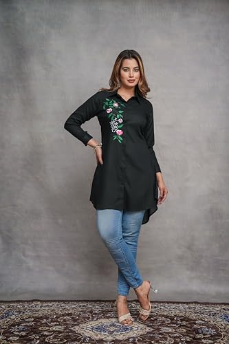 Image of Casual Full Sleeve Hand Embroidery Rayon Women's Long Shirt