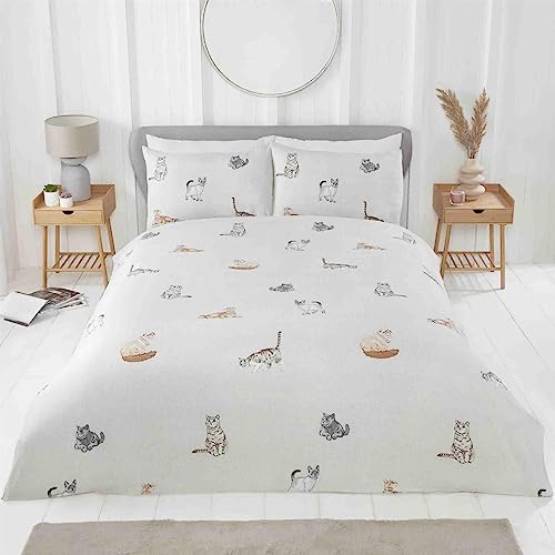 Rapport Home Purrfect Set di biancheria da letto con gatti, in microfibra, 180 fili, reversibile, per letto matrimoniale, colore: grigio