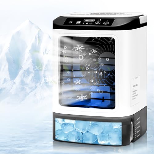Image of Mini Air Conditioner,2026 New Portable Air Conditioner Fan,Personal Air Cooler with 4 Speeds,2 Mist Modes,7 LED,900ML Water Tank,Ice Box,Rechargeable Small Air Conditioner for Bedroom,Office& Travel