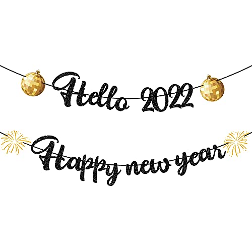 Happy New Year Banner and Hello 2022 Banner - No DIY Required - New Year Eve Decorations- New Year Eve Banner - NYE Banner 2022 New Year Decoration Decor for Home Office Fireplace - NYE Party Supplies