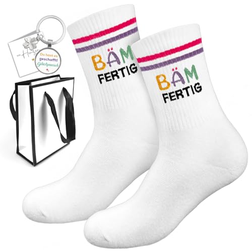 SupreLuck Bestandene Prüfung Geschenk Set - Bäm Fertig Socken mit Schlüsselanhänger Grußkarte & Geschenkesack Glücksbringer Prüfung Abschluss Geschenk für Mädchen und Jungen