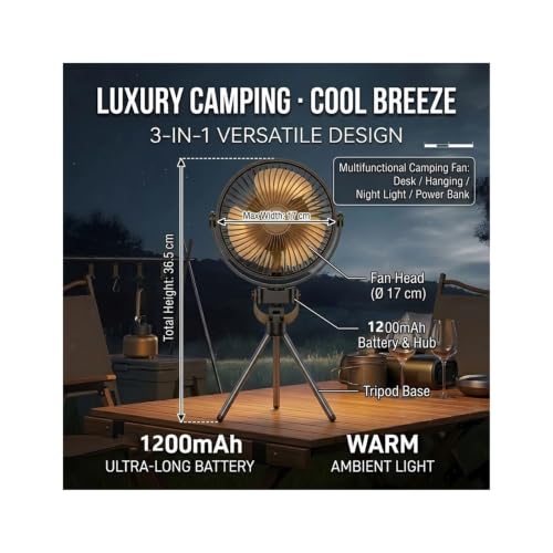 Ventilador de camping contra el calor sofocante en tiendas con luz cálida 5