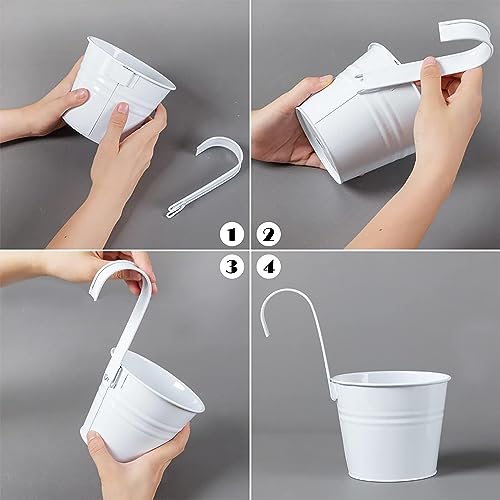 Wensmy 4PCS Metal Hanging Plant Flower Pots with Drainage Hole Fence Balcony Railing Planters Outdoor Garden Pots with Detachable Hooks (White) - Image 4