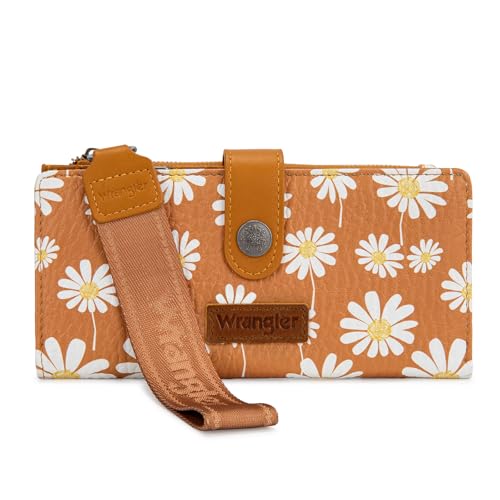 Image of Montana West X Wrangler Brown Wristlet Wallet for Women Daisy Floral Wallet Large Capacity Clutch Wallets with Smooth Zipper and ID Window