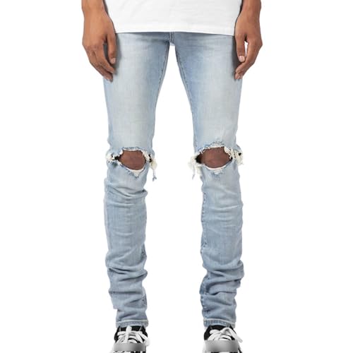 Men's Knee Hole Denim Pants Distressed Tapered Leg Jeans Ripped Straight Slim Fit Jean
