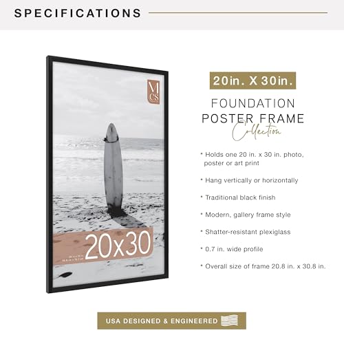 Image of MCS Foundation 20x30 Poster Frame Traditional Black, Vertical & Horizontal Wall Hanging Large Picture Frame for Photos, Posters & Art Prints (1-Pack)
